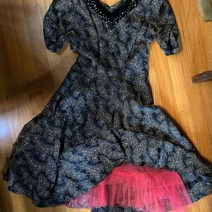 50s True Vintage Taffeta Black Midi Circle Skirt Dress Velvet Collar Rhinestones